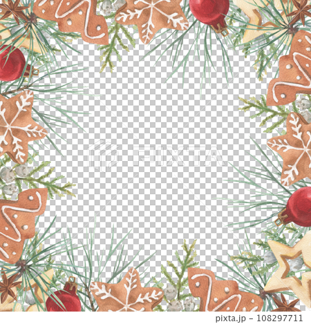 Christmas wreath made of watercolor plants and cookies. A bright element for holiday printed products. Christmas wreath made of watercolor plants and cookies. A bright element for holiday printed products. 108297711