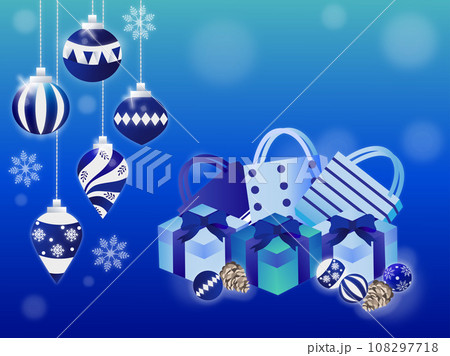 クリスマスプレゼントとオーナメントの背景が青いイラスト 108297718