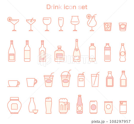 ドリンクのアイコンイラストセット　シンプル　線画　飲み物　飲食　広告　白背景　アルコール　ピンク 108297957