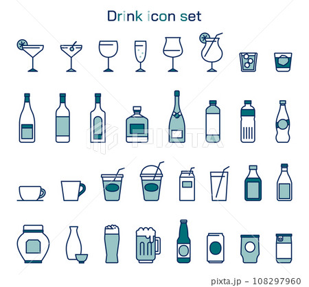 ドリンクのアイコンイラストセット　シンプル　線画　飲み物　飲食　広告　白背景　アルコール　青 108297960