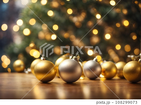 Gold and silver christmas balls on table and blury Christmas tree background. Gold and silver christmas balls on table and blury Christmas tree background. 108299073
