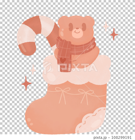 teddy bear and candy cane is stocking ribbon star pink christmas vibes groovy retro cute watercolor cartoon clipart 108299191
