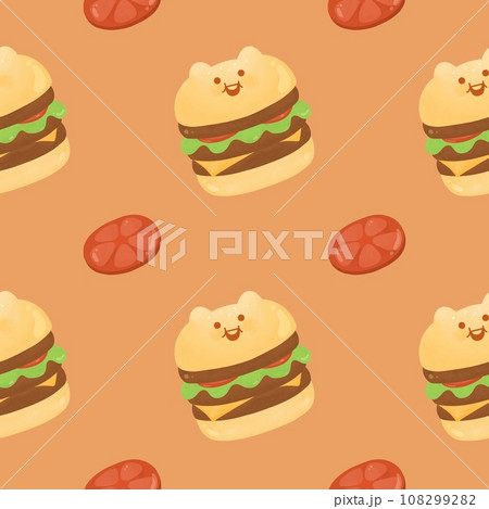 Cute Kawaii cat bread bun tomato cheeseburger fast food happy character American food seamless pattern 108299282