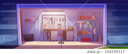 Workshop interior in garage room cartoon vector Workshop interior in garage room cartoon vector 108299317
