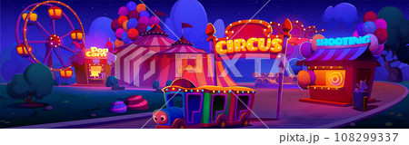 Amusement park with bright neon lights at night. Amusement park with bright neon lights at night. 108299337