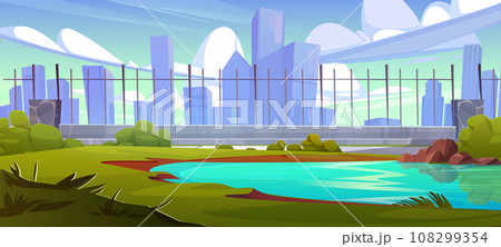 Summer city landscape with lake in public park 108299354