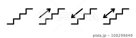 Stairs up and down icon with arrow. Stairway direction sign. Up and down stair symbol. Escalator black pictogram. Vector illustration isolated on white background. Editable stroke Stairs up and down icon with arrow. Stairway direction sign. Up and down stair symbol. Escalator black pictogram. Vector illustration isolated on white background. Editable stroke 108299849