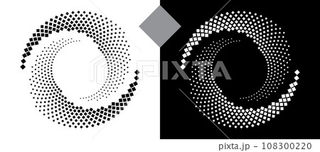 Spiral dotted background with rhombuses. Yin and yang style. Design element or icon. Black shape on a white background and the same white shape on the black side. Spiral dotted background with rhombuses. Yin and yang style. Design element or icon. Black shape on a white background and the same white shape on the black side. 108300220