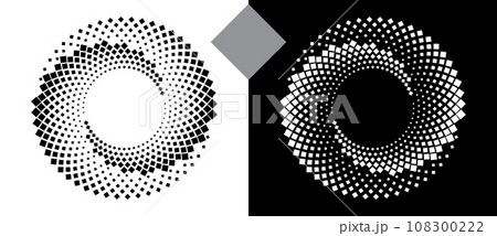 Spiral dotted background with rhombuses. Yin and yang style. Design element or icon. Black shape on a white background and the same white shape on the black side. Spiral dotted background with rhombuses. Yin and yang style. Design element or icon. Black shape on a white background and the same white shape on the black side. 108300222
