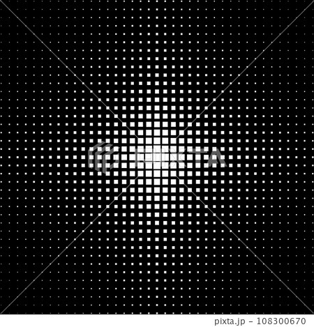 Halftone dotted background. White squares pattern isolated on black background. 108300670