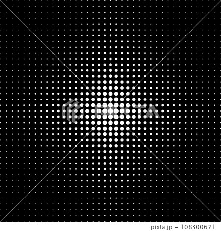 Halftone dotted background. White circle dots pattern isolated on black background. 108300671