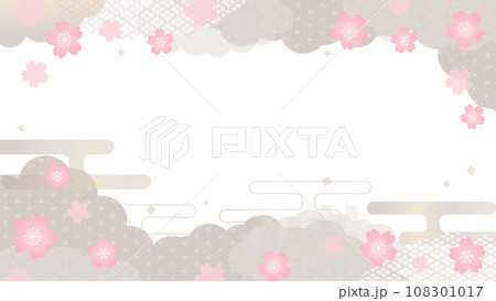 春らしい桜の花の銀色の和風のフレームベクター素材 108301017