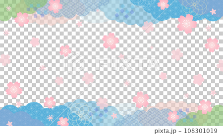 春天般的櫻花花朵淡藍色日式邊框向量素材 108301019