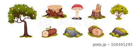 Forest Landscape Elements with Tree, Stump and Mushroom Vector Set 108301295