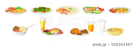 Nutritious Tasty Dishes Served on Plates Vector Set Nutritious Tasty Dishes Served on Plates Vector Set 108301407