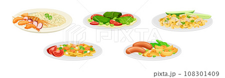 Nutritious Tasty Dishes Served on Plates Vector Set 108301409
