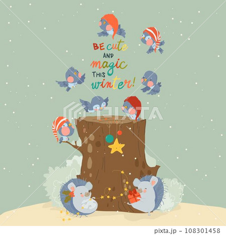 Little Birds sitting on Stump in Winter Forest 108301458