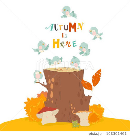 Little Birds sitting on Stump in Autumn Forest 108301461