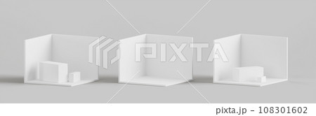 Isometric empty white room of home or office and exhibition booth stands 3d render icons set. Mockup blank corner showroom, museum or art gallery with wall, floor and podium display. 3D illustration Isometric empty white room of home or office and exhibition booth stands 3d render icons set. Mockup blank corner showroom, museum or art gallery with wall, floor and podium display. 3D illustration 108301602