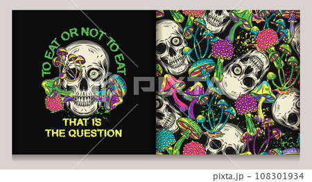 Pattern, label with human skull, mushrooms, text. Crazy mad skull with eye, mushrooms growing through skull. Concept of madness and craziness Surreal illustration for groovy, psychedelic design Not AI 108301934
