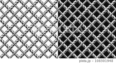 Seamless pattern with hemp rope net. Classic square geometric grid on black, white background. Vintage style. Not AI 108301948