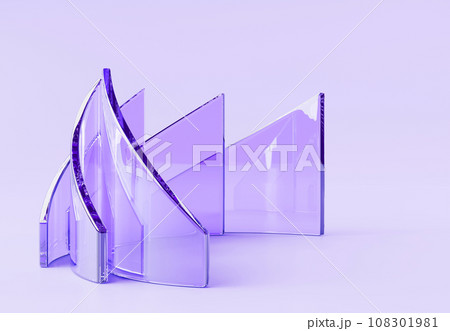 3d render abstract glass purple geometric background. Transparent crystal curved triangle plates, hologram gradient frames with layered effect, stage with plastic or acrylic shapes. 3D illustration 3d render abstract glass purple geometric background. Transparent crystal curved triangle plates, hologram gradient frames with layered effect, stage with plastic or acrylic shapes. 3D illustration 108301981