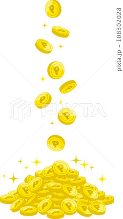 上から落ちて積みあがるPマークのついたポイントコイン 108302028