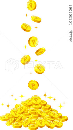 上から落ちて積みあがるPマークのついたポイントコイン 108302062