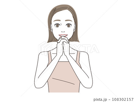 目を大きく開けて指を組んで喜んでいる表情の女性 108302157