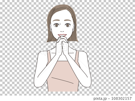 目を大きく開けて指を組んで喜んでいる表情の女性 108302157