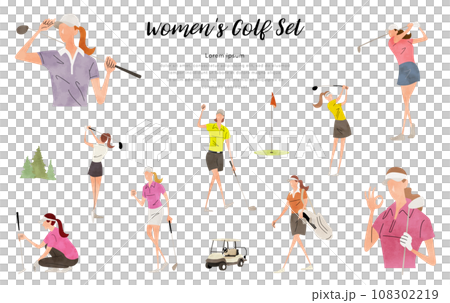 ベクターイラスト素材：ゴルフする女性、人物セット 108302219