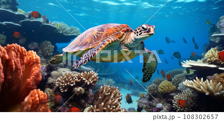 Sea turtle surrounded by colorful fish underwater 108302657