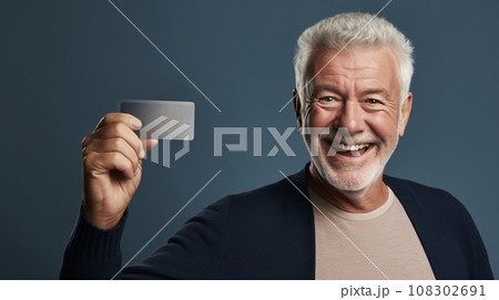 A happy old man holding a credit card, looking at the camera 108302691