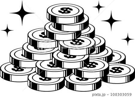 積みあげた＄マークのついたドルコイン塊イラスト 108303059