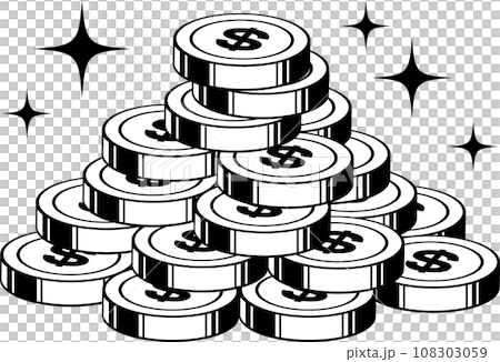 積みあげた＄マークのついたドルコイン塊イラスト 108303059