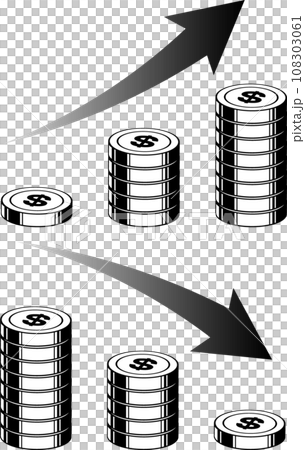 まっすぐ積みあがる＄マークのついたドルコイングラフ上下 108303061