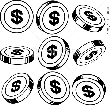 角度違いの＄マークのついたドルコイン 108303065