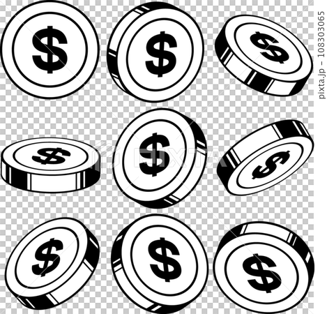 角度違いの＄マークのついたドルコイン 108303065