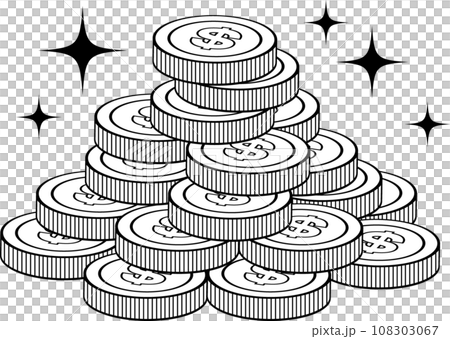 積みあげた＄マークのついたドルコイン塊イラスト 108303067
