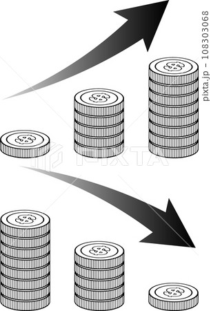 まっすぐ積みあがる＄マークのついたドルコイングラフ上下 108303068