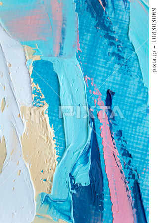 Closeup of abstract rough colorful art painting texture, with oil brushstroke, pallet knife paint on canvas, complementary colors. 108303069
