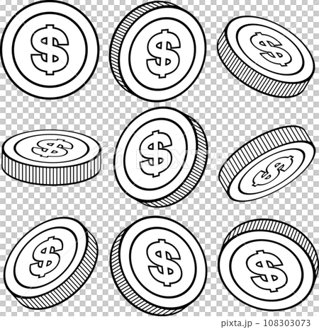 角度違いの＄マークのついたドルコイン 108303073