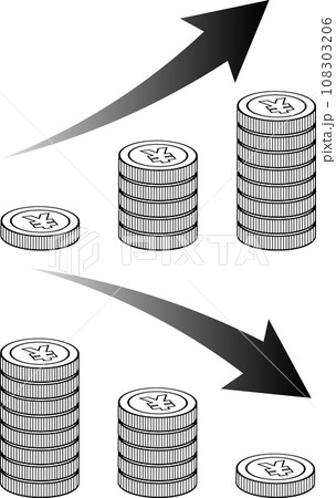 まっすぐ積みあがる＄マークのついた円コイングラフ上下 108303206