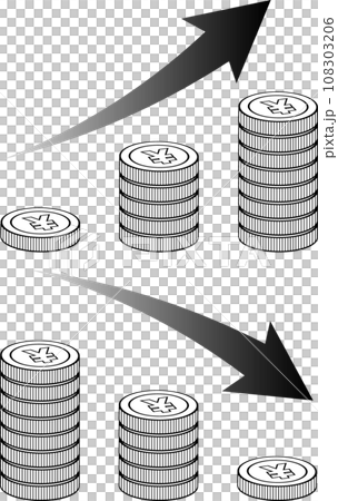 まっすぐ積みあがる＄マークのついた円コイングラフ上下 108303206