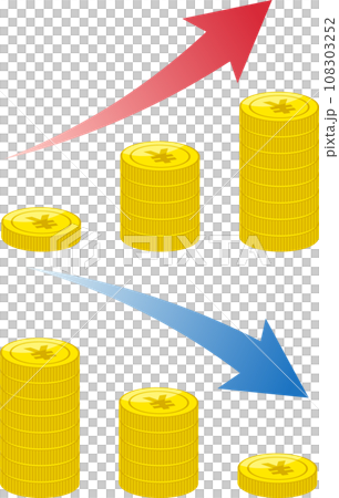まっすぐ積みあがる＄マークのついた円コイングラフ上下 108303252