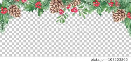 Horizontal watercolor Christmas border. Hand drawn illustration. Pine cone and branches, Holly plant with red berries. Cowberry, lingonberry. Perfect as a web banner or card and invitation template. 108303866