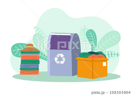Recycling clothes. Vector illustration. Pollution caused by textile industry requires urgent attention and social action Embracing circular cycle clothing production and recycling is essential Recycling clothes. Vector illustration. Pollution caused by textile industry requires urgent attention and social action Embracing circular cycle clothing production and recycling is essential 108303904