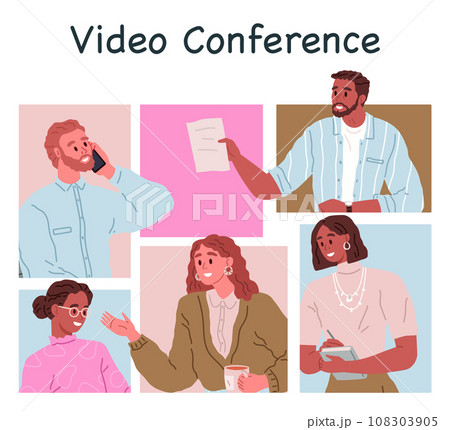Video conference. Vector illustration. The video conference allows people to connect and communicate remotely A digital connection facilitates seamless communication over internet The modern network Video conference. Vector illustration. The video conference allows people to connect and communicate remotely A digital connection facilitates seamless communication over internet The modern network 108303905