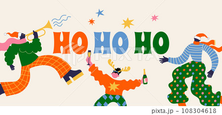 Fun Merry Christmas and Happy New Year banner, Christmas background and card with groovy, hippie 108304618