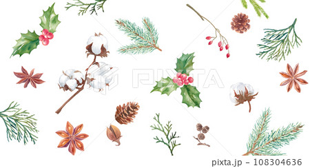 冬の自然素材の水彩イラスト。クリスマスのバナー背景。パターン。 108304636
